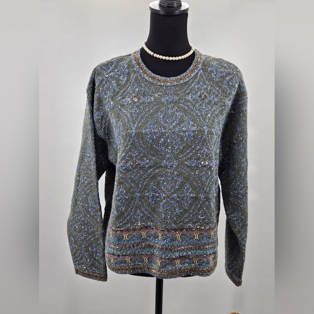 NWT LizWear sz M Blue & Green Holiday Adventure Crew Pullover Sweater VTG NOS